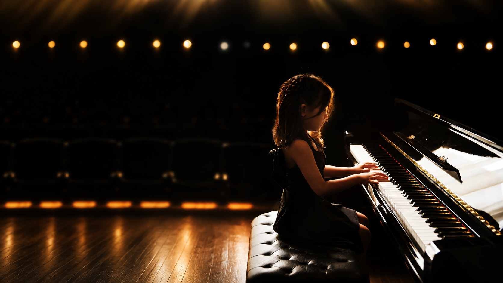 A young pianist performing at a grand piano on a warmly lit stage